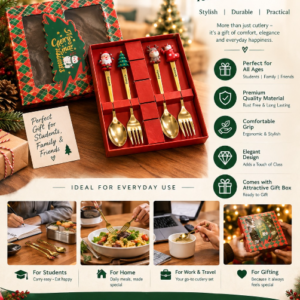 BentoGa Christmas Gift Box Set of 4 Pcs Cutlery (2 Spoons and 2 Forks with Xmas Decorations), Stainless Steel, Golden Mirror Finish