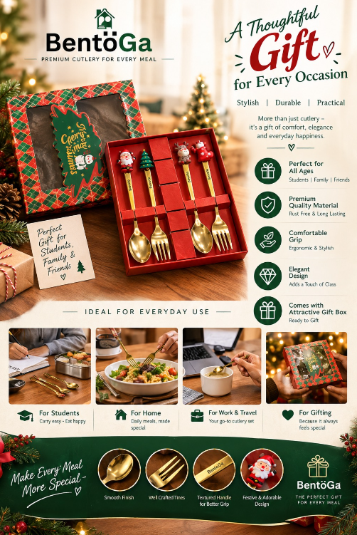 BentoGa Christmas Gift Box Set of 4 Pcs Cutlery (2 Spoons and 2 Forks with Xmas Decorations), Stainless Steel, Golden Mirror Finish