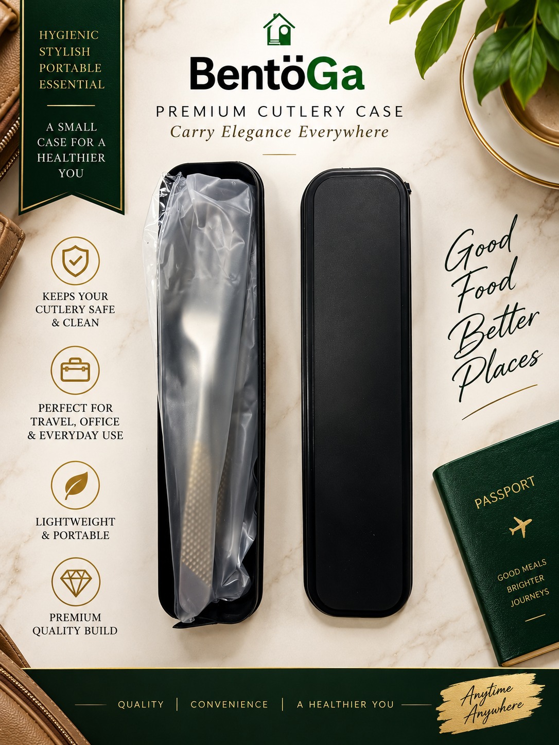 Travel hammered design stainless Steel Cutlery Set of 4 Pcs (1 Dinner Spoon, 1 Dinner Fork, 1 Dinner Knife & 1 Dessert Spoon) with Plastic Box, golden and silver mirror Finish