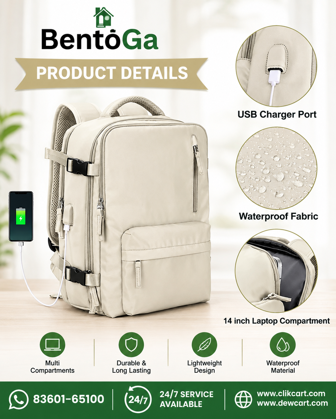 Bentoga Premium Quality Large 40L Business Laptop Bag Backpack cum Cabin Bag Expandable with USB Charge Port, Multiple Pockets, Water Proof & Air Cushion Belt, Beige