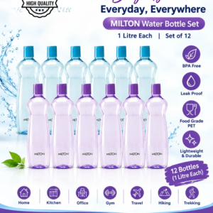 # MILTON Pacific 1000 Water Bottle 1 Litre each, set of 12, Purple and Sky Blue I PET Food Grade I BPA Free, Leak Proof I Wide Mouth, Easy To Clean I Fridge Bottles for Home, Office, Gym description