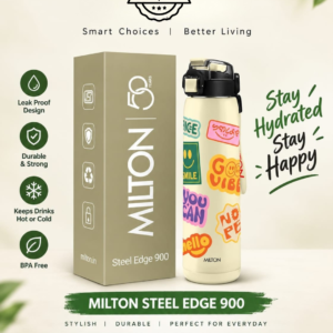 Milton Steel Edge 900 Thermoware Water Bottle 600 ml with One Touch Safety Lock & Twin Lid Sip or Gulp,Long Hours Hot & Cold,Leak Proof,ISI Certified,Vacuum Insulated,for Office,Gym,School, Ivory
