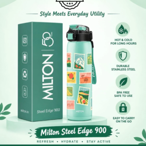 Milton Steel Edge 900 Thermoware Water Bottle 600 ml with One Touch Safety Lock & Twin Lid Sip or Gulp,Long Hours Hot & Cold,Leak Proof,ISI Certified,Vacuum Insulated,for Office,Gym,School, Aqua Green