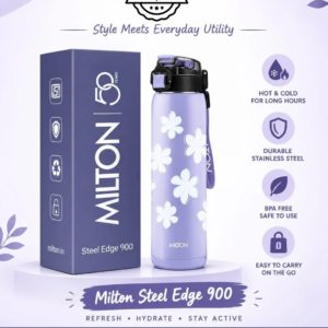 Milton Steel Edge 900 Thermoware Water Bottle 600 ml with One Touch Safety Lock & Twin Lid Sip or Gulp,Long Hours Hot & Cold,Leak Proof,ISI Certified,Vacuum Insulated,for Office,Gym,School, Lavender