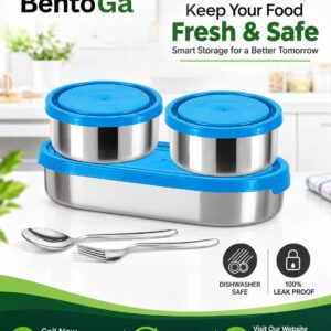 MILTON Master Lunch Box with Insulated Fabric Jacket, 3 Containers (1 Oval Stainless Steel 450 ml, 2 Stainless Steel 280 ml Each Spoon & Fork), Leak-Proof Tiffin for Office, School, College, Blue
