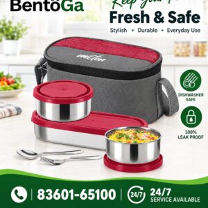 MILTON Master Lunch Box with Insulated Fabric Jacket, 3 Containers (1 Oval Stainless Steel 450 ml, 2 Stainless Steel 280 ml Each Spoon & Fork), Leak-Proof Tiffin for Office, School, College, Red