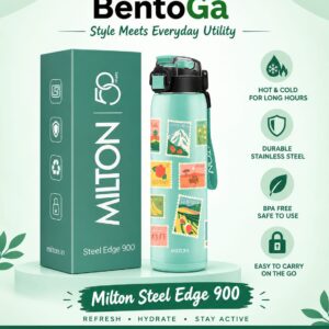 Milton Steel Edge 900 Thermoware Water Bottle 600 ml with One Touch Safety Lock & Twin Lid Sip or Gulp,Long Hours Hot & Cold,Leak Proof,ISI Certified,Vacuum Insulated,for Office,Gym,School, Aqua Green