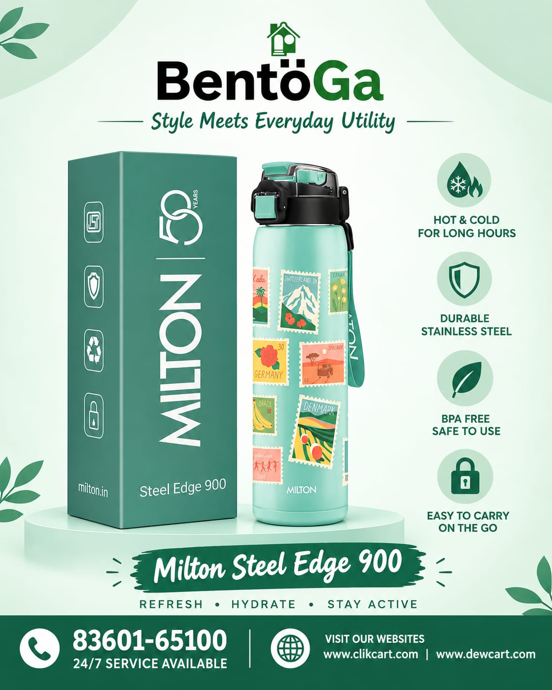 Milton Steel Edge 900 Thermoware Water Bottle 600 ml with One Touch Safety Lock & Twin Lid Sip or Gulp,Long Hours Hot & Cold,Leak Proof,ISI Certified,Vacuum Insulated,for Office,Gym,School, Aqua Green