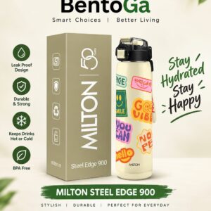 Milton Steel Edge 900 Thermoware Water Bottle 600 ml with One Touch Safety Lock & Twin Lid Sip or Gulp,Long Hours Hot & Cold,Leak Proof,ISI Certified,Vacuum Insulated,for Office,Gym,School, Ivory