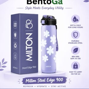 Milton Steel Edge 900 Thermoware Water Bottle 600 ml with One Touch Safety Lock & Twin Lid Sip or Gulp,Long Hours Hot & Cold,Leak Proof,ISI Certified,Vacuum Insulated,for Office,Gym,School, Lavender