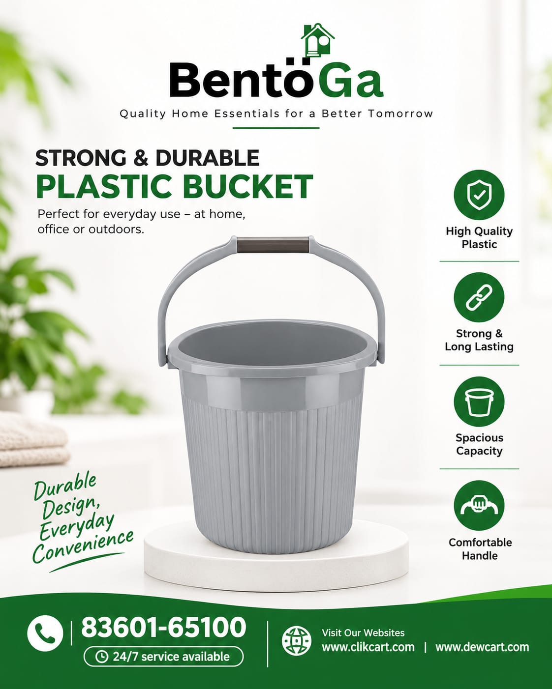 Milton Ritz 22 Plastic Bucket with Handle, 20 litres, Grey | Home | Bathing | Storage | Bathroom | Multipurpose | Easy to Carry